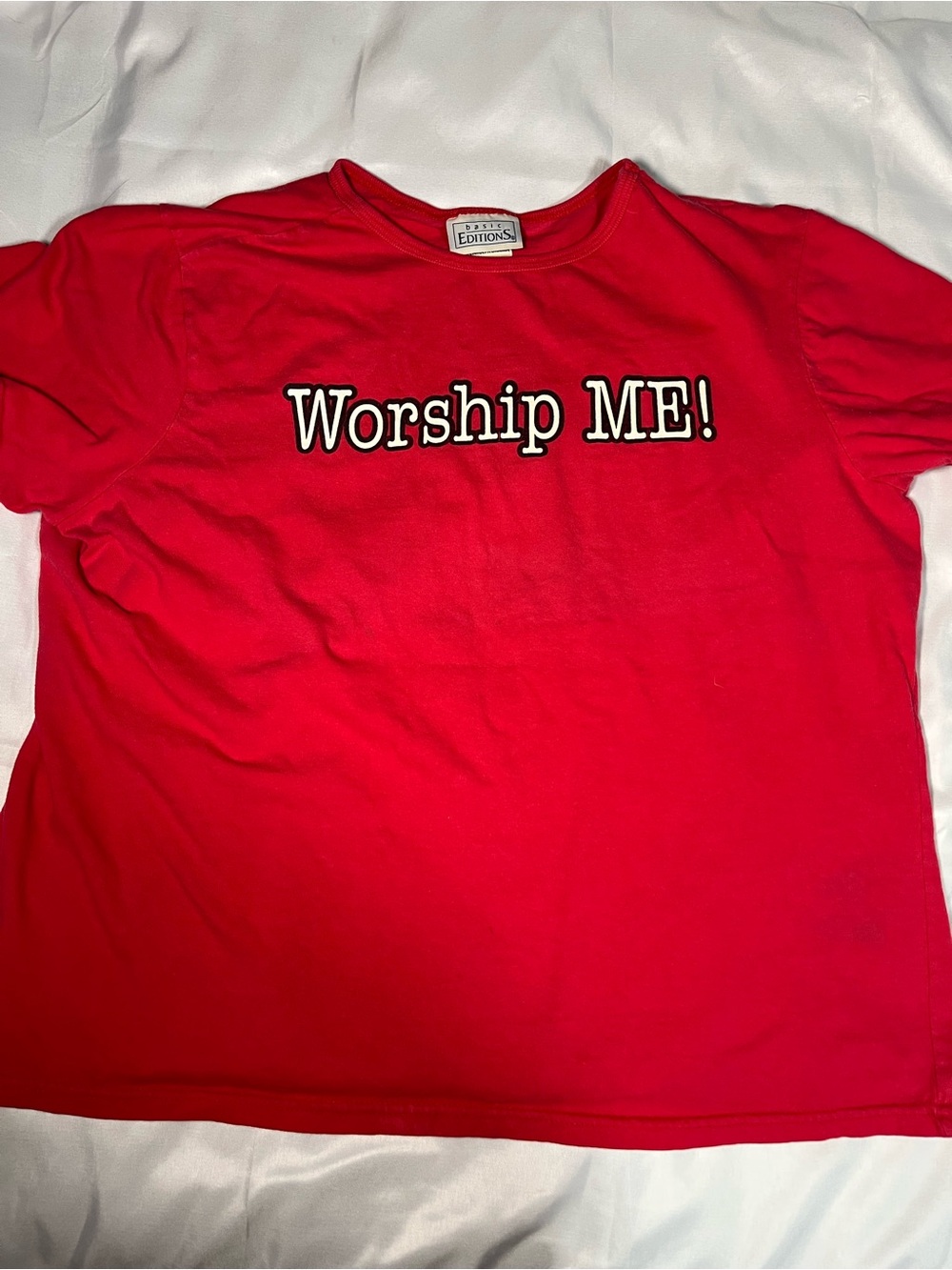 Vintage 90s Basic Editions Graphic Tee “Worship Me” Red Youth XL Retro Shirt